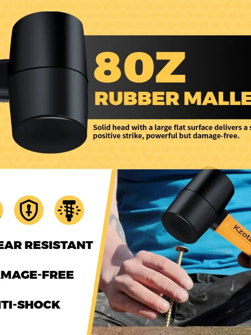 2-Piece Rubber Mallet Hammer Set, 8oz Rubber Hammer Mallet & 25mm Double-Faced S